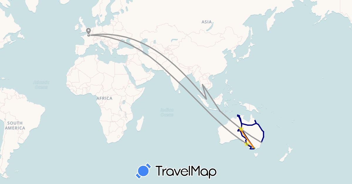 TravelMap itinerary: driving, bus, plane, cycling, boat, hitchhiking in Australia, France, Indonesia, India, Singapore, Thailand (Asia, Europe, Oceania)