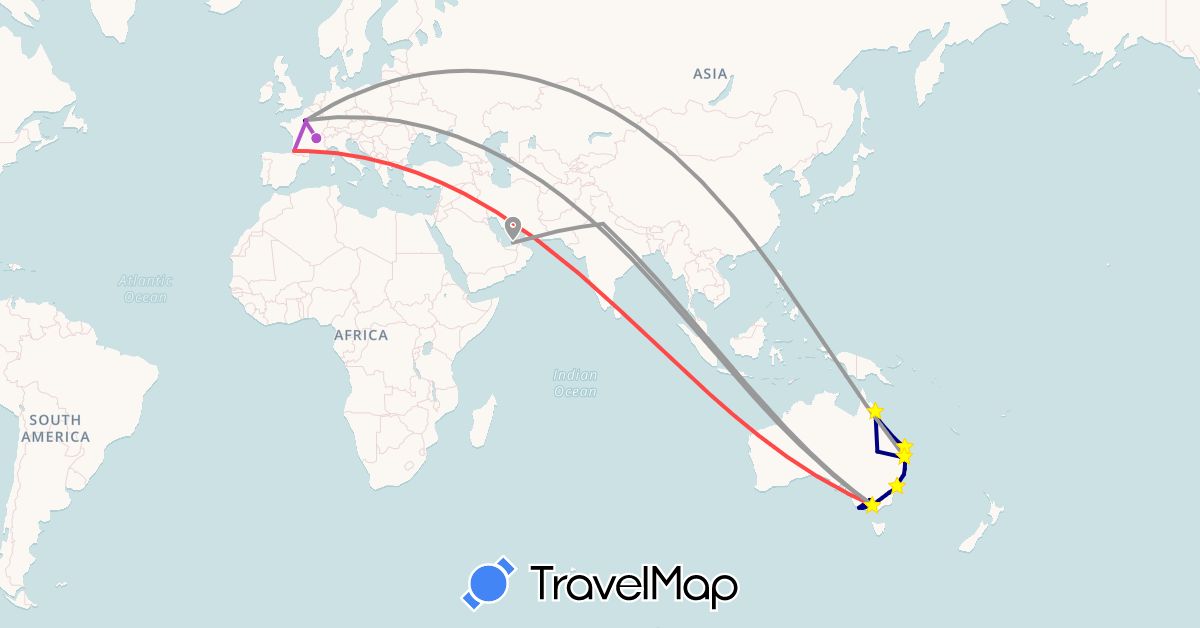 TravelMap itinerary: driving, plane, train, hiking, boat in United Arab Emirates, Australia, France (Asia, Europe, Oceania)